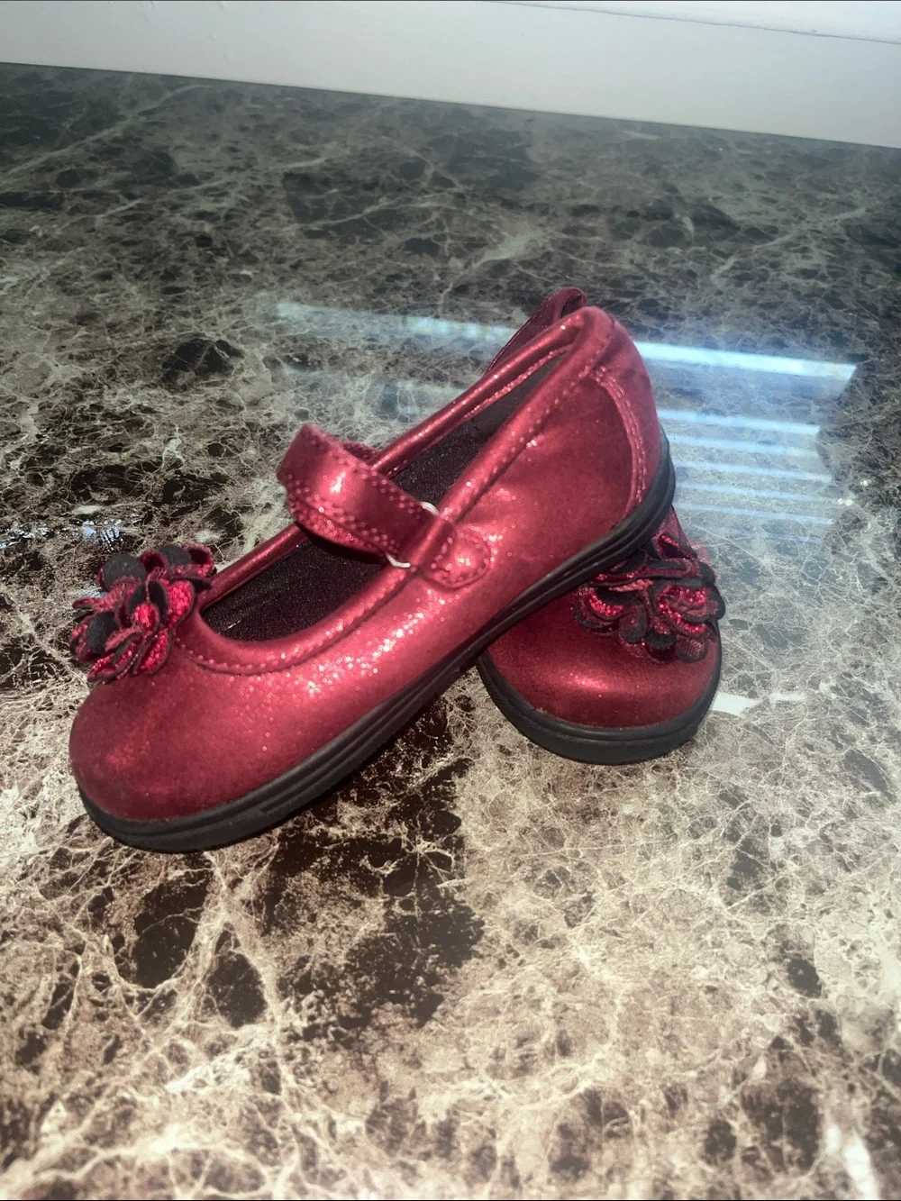Rachel Shoes Burgundy Sparkle Mary Jane with Flower